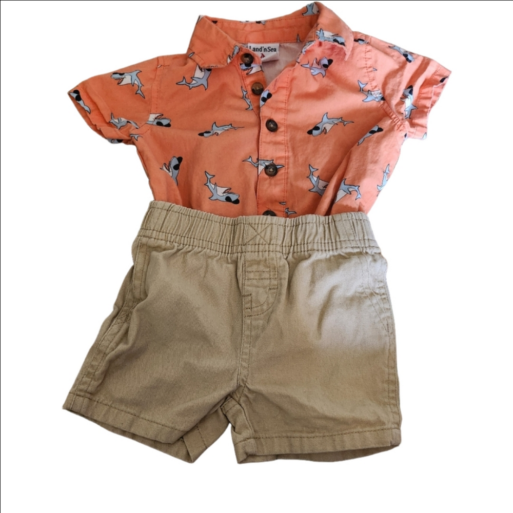 Land'n Sea Baby Boy's Orange Shark Print Bodysuit & Khaki Shorts Set-Size 3M